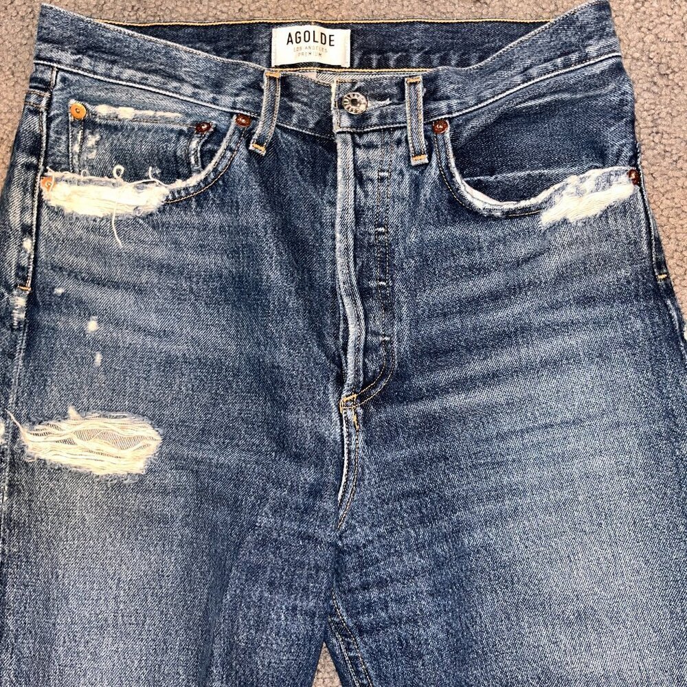 AGOLDE LOS ANGELES PREMIUM PINCH WAIST MADE IN USA DISTRESSED BLOWN KNEE JEANS - Picture 2 of 16